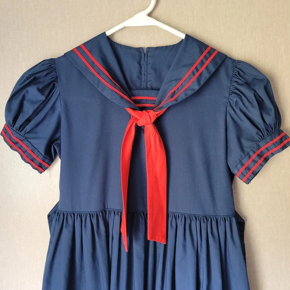Vintage Jayne Copeland Girls Size 8 Navy Blue Sailor Dress Red Trim Made in USA